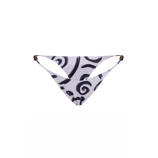 Monochrome Swirl Print Bead Detail Bikini Bottoms