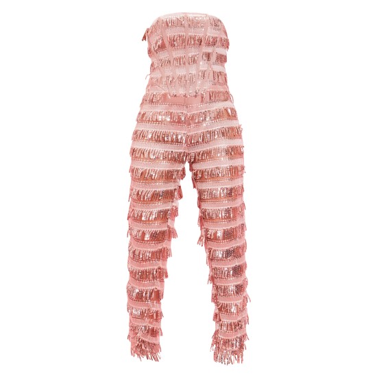 Pale Pink Tassel Sequin Corset Bandeau Jumpsuit