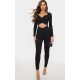 Black Rib Cross Over Long Sleeved Jumpsuit