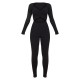 Black Rib Cross Over Long Sleeved Jumpsuit