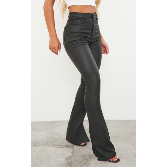 Black Coated Denim Split Hem Flares