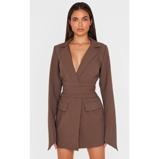 Chocolate Woven Wrap Belted Blazer Dress