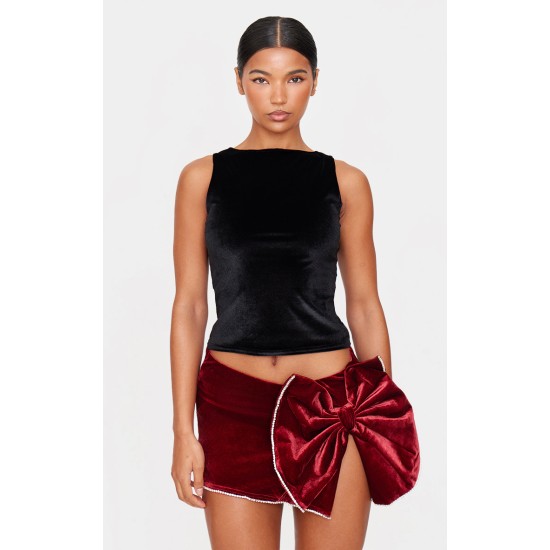 Burgundy Velvet Oversized Bow Diamante Trim Mini Skirt