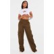 PRETTYLITTLETHING Shape Dark Khaki Green Buckle Detail Cargo Wide Leg Pants