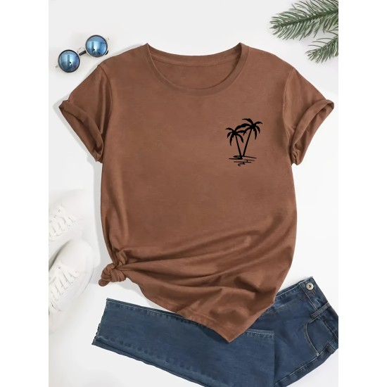 Coconut Tree Print Crew Neck T-shirt, Casual Loose Short Sleeve Fashion Summer T-Shirts Tops, Women’s Clothing – PRYCUS MITCHELL INC