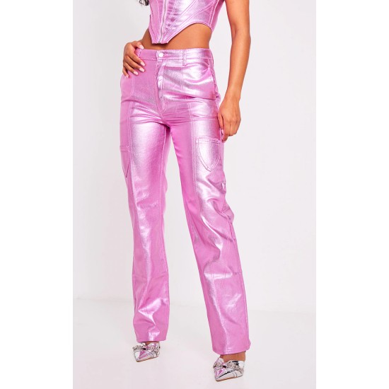 Pink Metallic Denim Stitch Detail Straight Leg Jeans