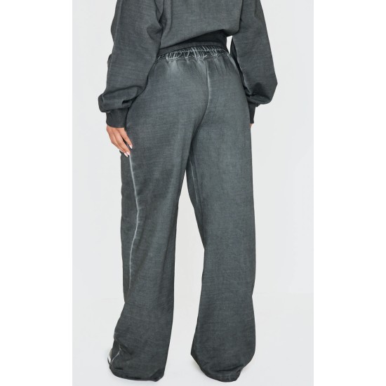 PRETTYLITTLETHING Washed Charcoal Premium Waist Wide Leg Sweatpants