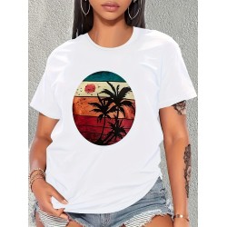 Coconut Tree And Sun Graphic Round Neck Sports T-shirt, Comfortable Soft Short Sleeves Causal Workout Tops, Women’s Activewear – PRYCUS MITCHELL INC