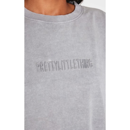 PRETTYLITTLETHING Light Grey Embossed Logo Washed Long Sleeve T-shirt