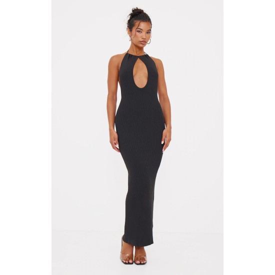 Black Fine Knit Halterneck Maxi Dress