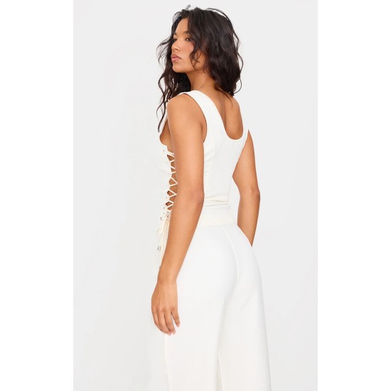 Cream Woven Lace Up Detail Plunge Sleeveless Top