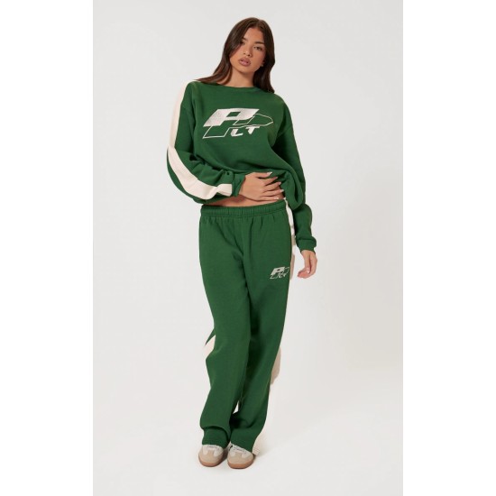 PRETTYLITTLETHING Forest Green Embroidered Contrast Straight Leg Sweatpants