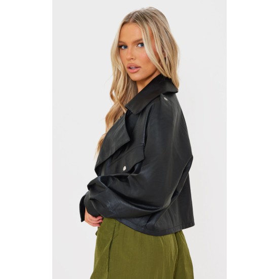 Black Textured Look Faux Leather Biker Jacket