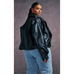 Plus Black Faux Leather Contrast Quilted Lining Oversized Biker Jacket