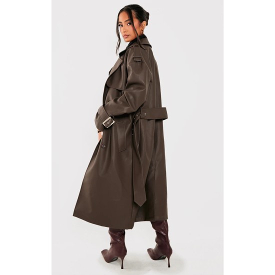 Petite Chocolate Faux Leather Buckle Trench Coat