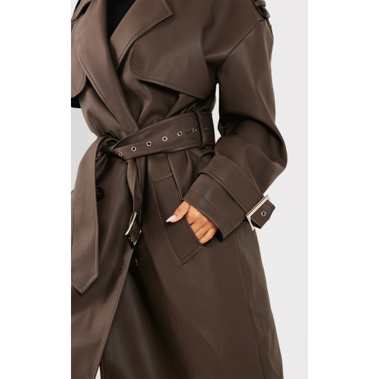 Petite Chocolate Faux Leather Buckle Trench Coat