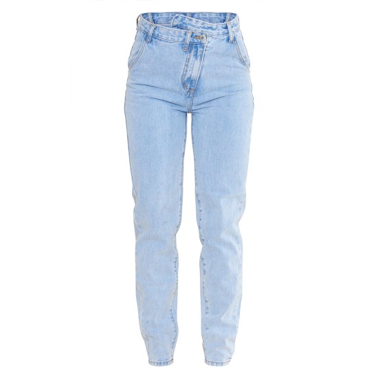 Light Blue Wash Asymmetric Waistband Long Straight Leg Jeans