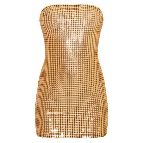 Gold Sheer Sequin Bandeau Bodycon Dress