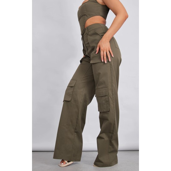 Khaki Twill Pocket Detail High Waist Cargo Pants