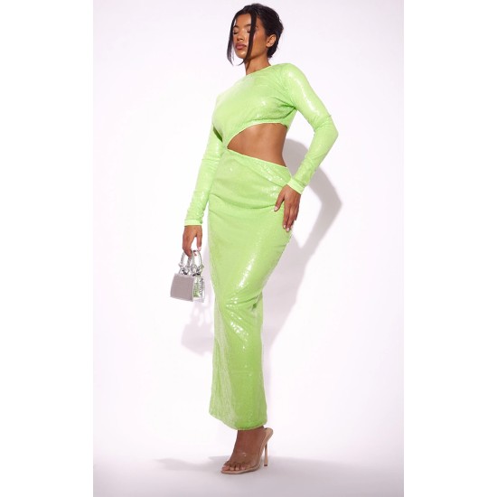 Lime Sequin Cut Out Long Sleeve Maxi Dress