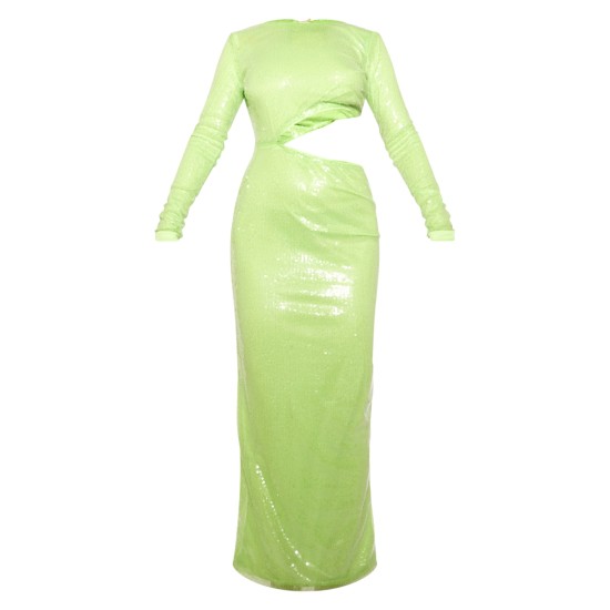 Lime Sequin Cut Out Long Sleeve Maxi Dress