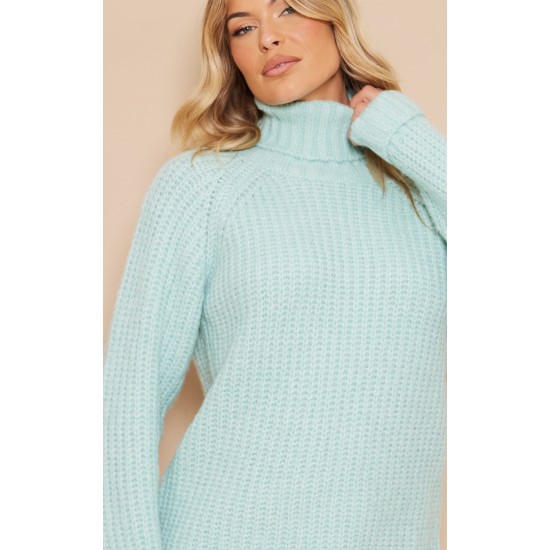 Sage Rolled Neck Super Chunky Knit Sweater Dress