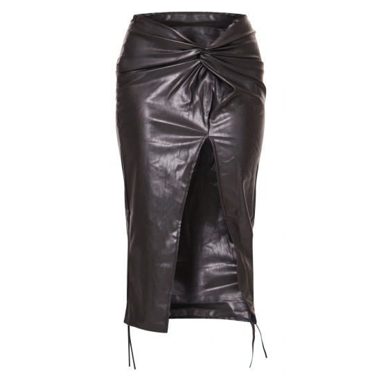 Black Faux Leather Twist Detail Front Midi Skirt