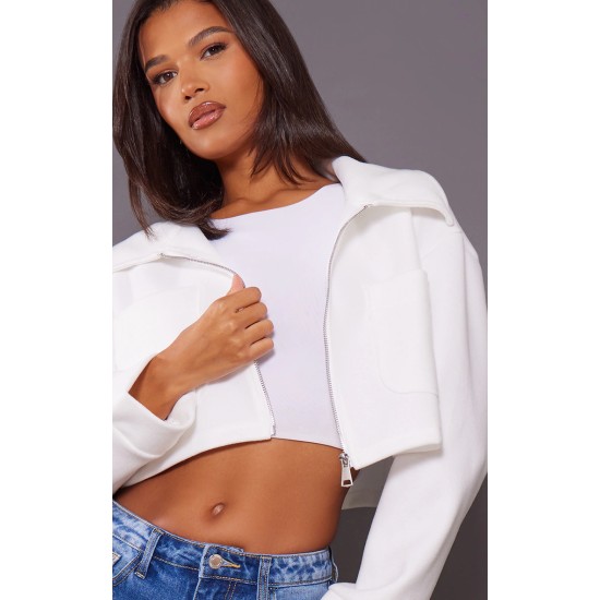 Cream Wool Look Pocket Detail Cropped Jacket