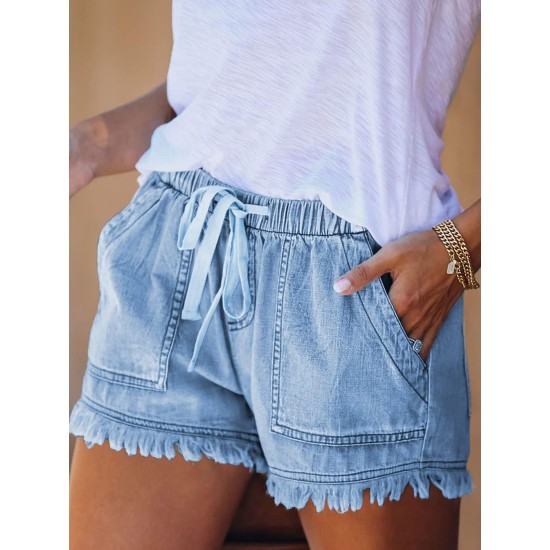 Women’s Plain Light Washed Blue Raw Hem Shorts Casual Trendy Short Pants Elastic Waist Drawstring Comfy Shorts – PRYCUS MITCHELL INC