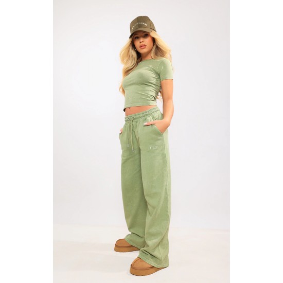 Olive Washed Oversized Low Rise Wide Leg Sweatpants