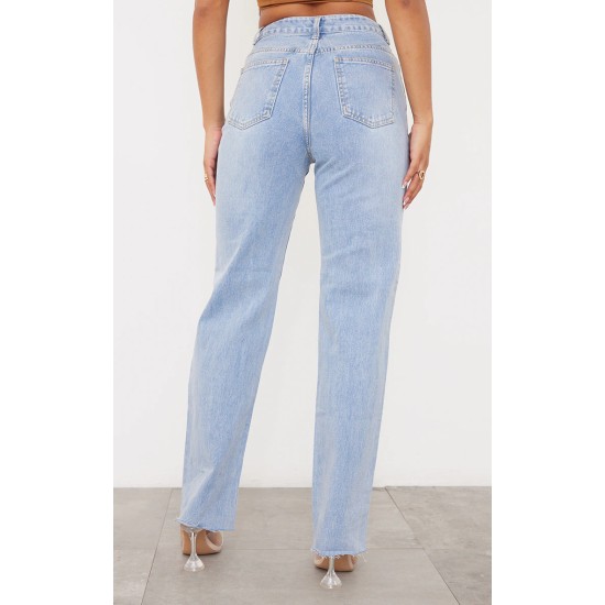 PRETTYLITTLETHING Light Blue Wash Ripped Long Leg Straight Jeans