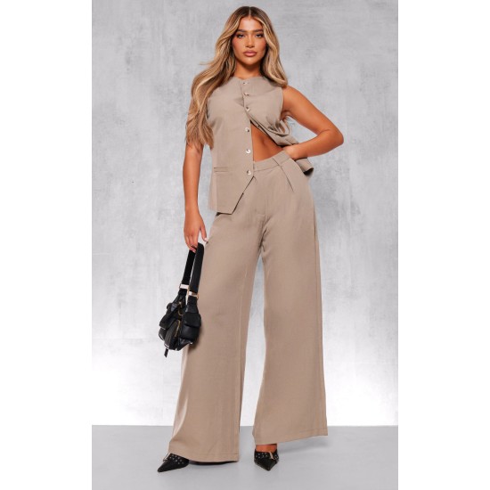 Taupe Woven Tailored Wide Leg Pleated Pants