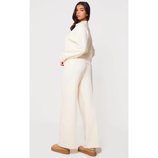 Cream Knitted Polo Neck Sweater And Wide Leg Pants Set