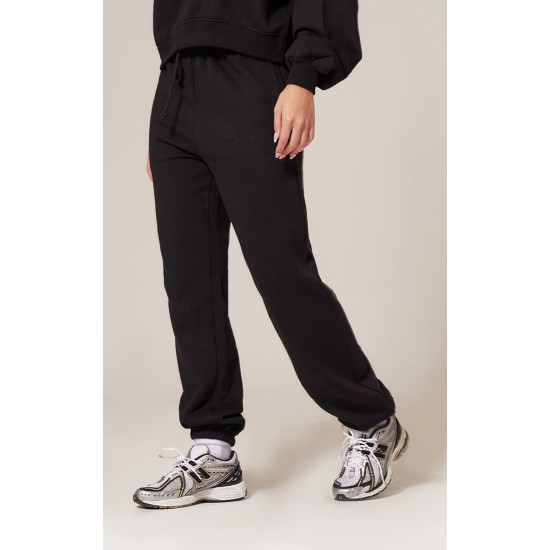 PRETTYLITTLETHING Black Oversized Embroidered Cuffed Sweatpants