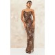 Brown Leopard Print Chiffon Lace Trim Strappy Maxi Dress