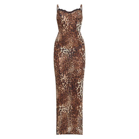 Brown Leopard Print Chiffon Lace Trim Strappy Maxi Dress