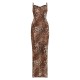 Brown Leopard Print Chiffon Lace Trim Strappy Maxi Dress