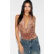 Brown Mesh Snake Printed Halter Neck Top