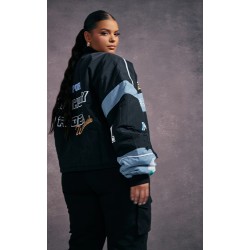 Plus Black Oversized Graphic Zipped Racer Bomber Jacket