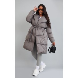 Maternity Grey Oversized Collar Belted Longline Puffer