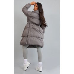 Maternity Grey Oversized Collar Belted Longline Puffer