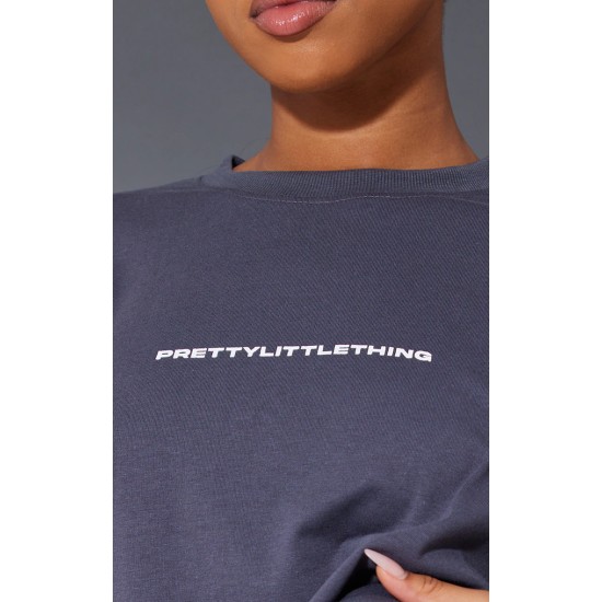 PRETTYLITTLETHING Charcoal Printed Oversized T-shirt