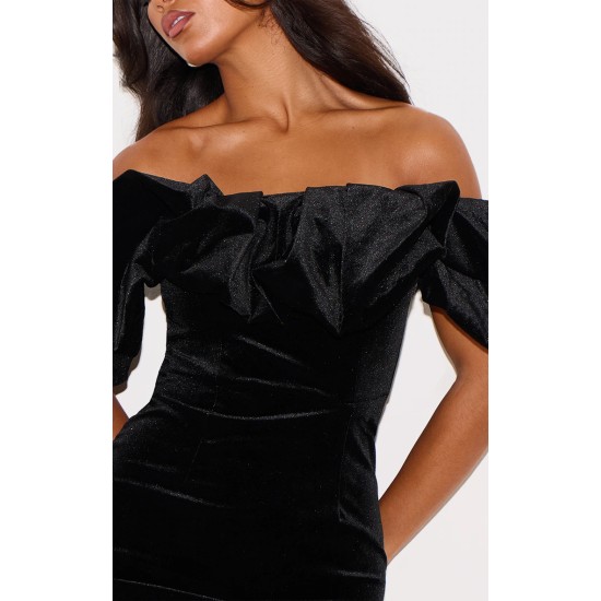 Black Velvet Bardot Ruffle Bodycon Dress