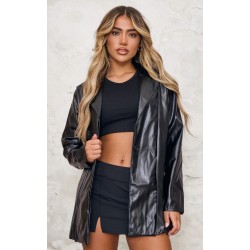 Black Longline Lapel Detail Faux Leather Blazer