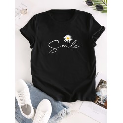 Flower & Letter Print Crew Neck T-Shirt, Casual Short Sleeve T-Shirt For Spring & Summer, Women’s Clothing – PRYCUS MITCHELL INC