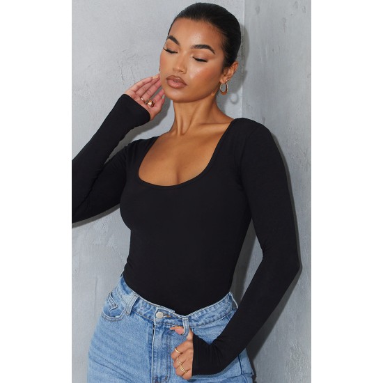 Basic Black Cotton Blend Scoop Neck Long Sleeve Bodysuit