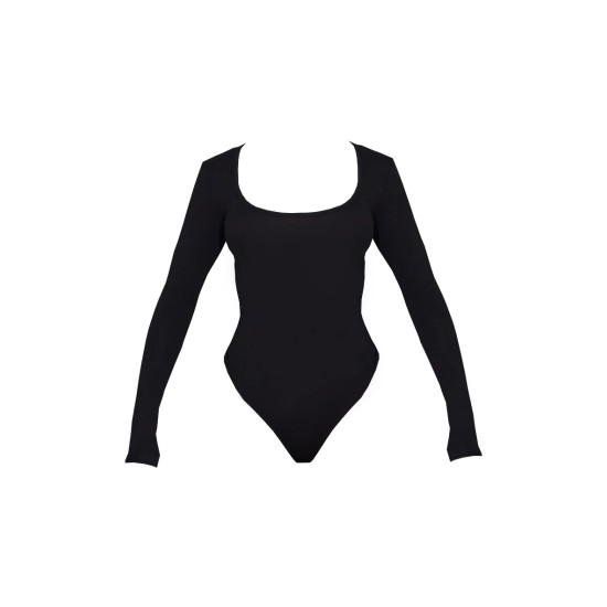 Basic Black Cotton Blend Scoop Neck Long Sleeve Bodysuit