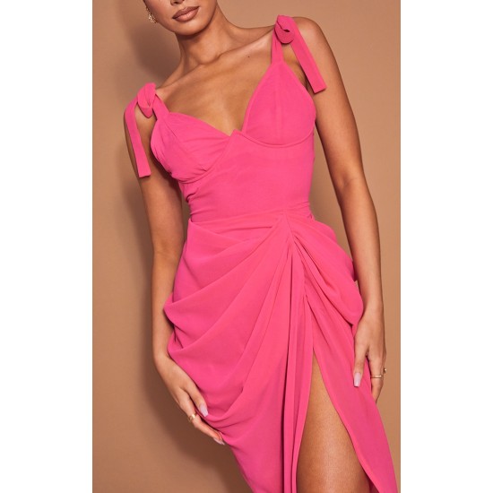 Hot Pink Underwire Detail Draped Midi Dress