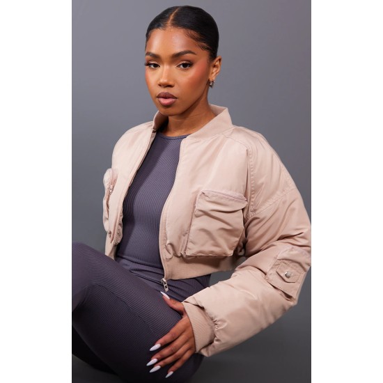 Beige Cropped Ruched Sleeve Utility Pocket Bomber Jacket