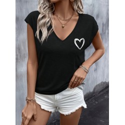 Heart Print V Neck T-shirt, Casual Cap Sleeve Top For Spring & Summer, Women’s Clothing – PRYCUS MITCHELL INC